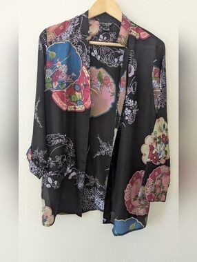 Citron Floral Sheer Kimono Jacket - Black with Multicolor Floral Medallions